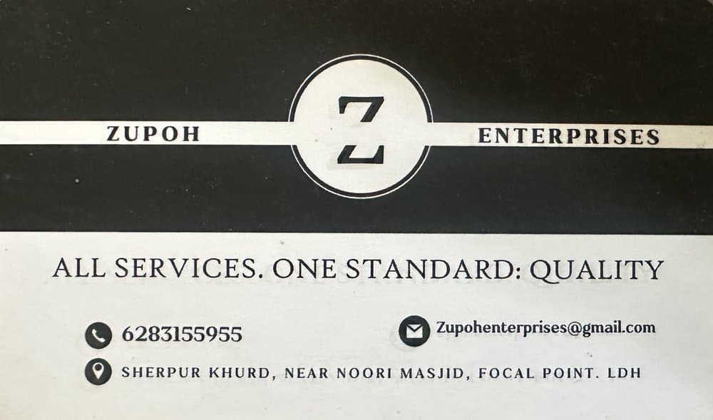 Zupoh Enterprises business card showing the phone number and services